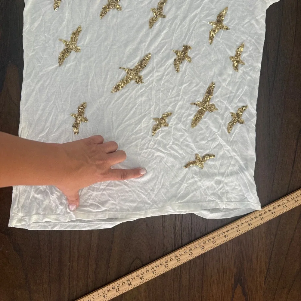 Tory Burch Ivory Modal Sequin Bird V-Neck T-Shirt XS Gold Nautical Coastal